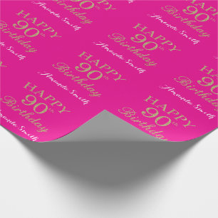 Papel De Presente Feliz 90 Aniversário Dourado Brilho e Rosa Quente