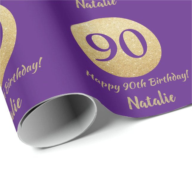Papel De Presente Feliz 90 Aniversário Roxo e Dourado Brilhante (Ponta do rolo)