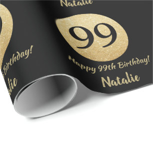 Papel De Presente Feliz 99º Aniversário Preto e Dourado Brilho