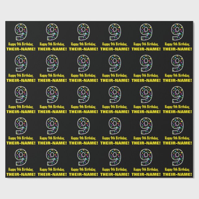 Papel De Presente Feliz 9.º Aniversário, Diversão de Estrelas Colori (Aberto)