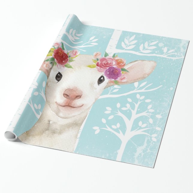 Papel De Presente Feliz Animal com Flores em Floresta Azul-Ovinos (Desenrolado)
