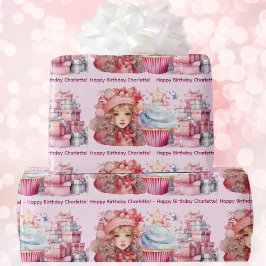 Papel De Presente Feliz Aniversário Adicione Nome da Rapariga Cupcak