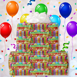 Papel De Presente Feliz Aniversário Adicione Nome Velas Coloridas