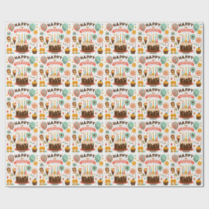 Papel De Presente Feliz Aniversário Adorável Bolo e Urso Fofo