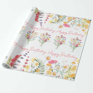 Papel De Presente Feliz Aniversário Aquarela Flores Selvagens Colori