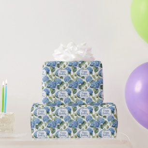Papel De Presente Feliz Aniversário Azul Hydrangea Flores Aquarela
