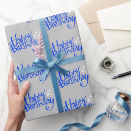 Papel De Presente Feliz aniversário azul na Cinza