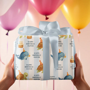 Papel De Presente Feliz Aniversário Baleia e Tartaruga   Azul náutic