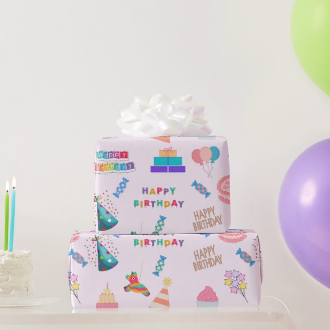 Papel De Presente Feliz Aniversário Balões, Bolos, Doces (Presentes para festas)