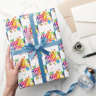 Papel De Presente Feliz aniversário Balões e Confetti