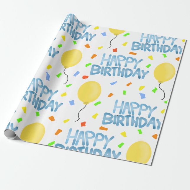 Papel De Presente Feliz aniversário Balões e Confetti (Desenrolado)