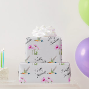 Papel De Presente Feliz Aniversário Cosmos e Beija-flor 