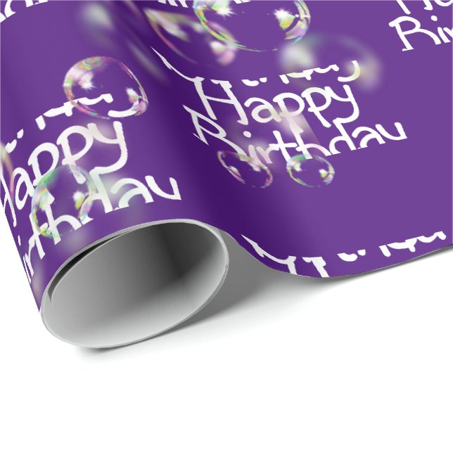 Papel De Presente Feliz aniversário das bolhas de púrpura (Ponta do rolo)