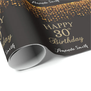Papel De Presente Feliz aniversário de 30 anos preto e Dourado bril