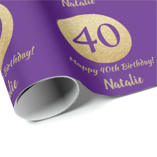 Papel De Presente Feliz aniversário de 40 anos Roxo e Brilho Dourad
