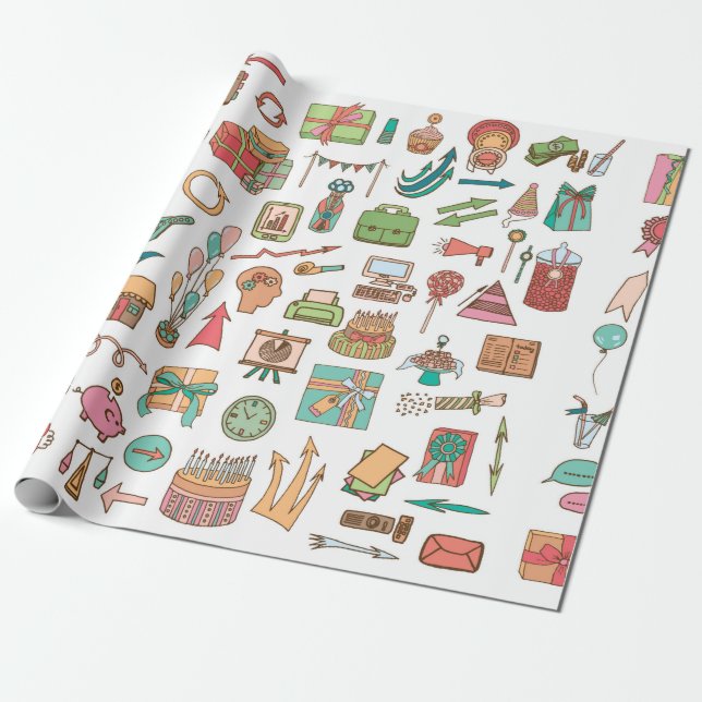 Papel De Presente Feliz aniversário de elementos do escritório em es (Desenrolado)
