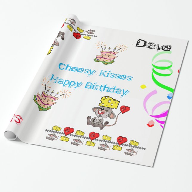 Papel De Presente Feliz Aniversário de Feliz Coração de Mousey (Desenrolado)