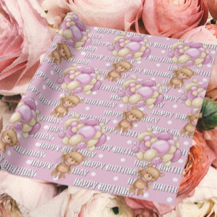 Papel De Presente feliz aniversário de ursinho rosa