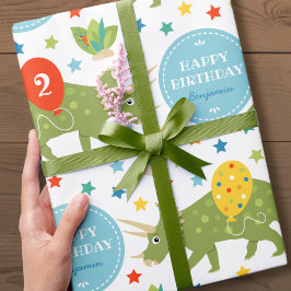 Papel De Presente Feliz Aniversário Dinossaur Triceratops Nome Idade