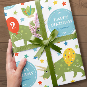Papel De Presente Feliz Aniversário Dinossaur Triceratops Nome Idade