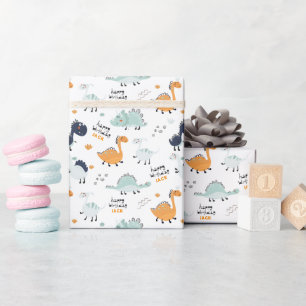 Papel De Presente Feliz Aniversário Dinossauro Fofo para Crianças
