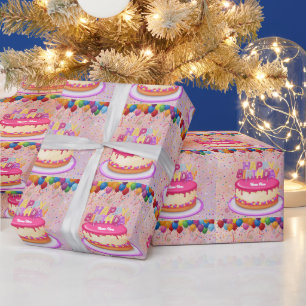 Papel De Presente Feliz aniversário do Balão de Bolo e Confetti