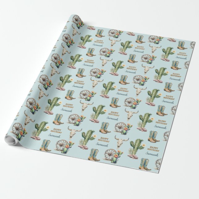 Papel De Presente Feliz Aniversário do Cactus Azul Aqua (Desenrolado)