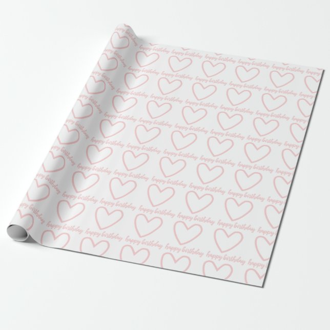 Papel De Presente Feliz Aniversário do Coração Rosa (Desenrolado)