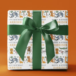 Papel De Presente Feliz Aniversário Dois Animais Selvagens Safari Pe