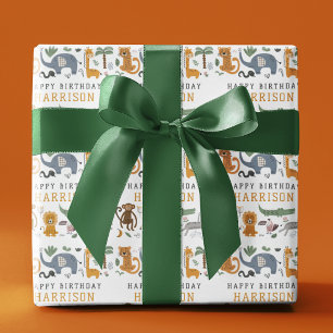 Papel De Presente Feliz Aniversário Dois Animais Selvagens Safari Pe