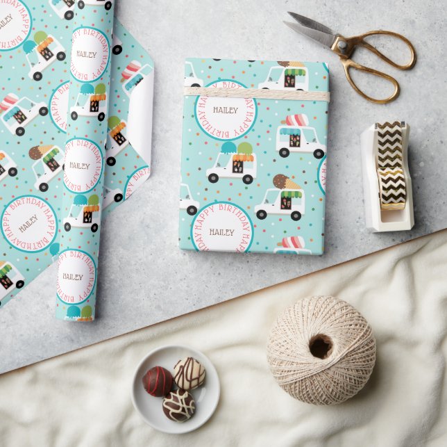 Papel De Presente Feliz Aniversário dos Caminhões sorvetes Personali (Artesanato)