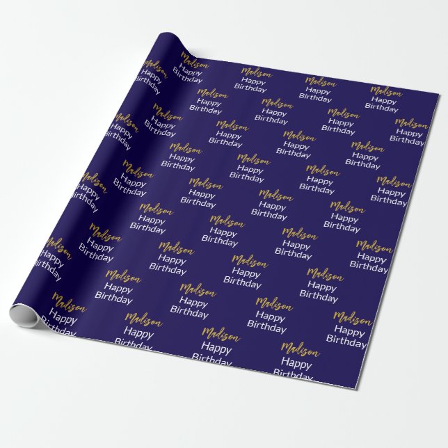 Papel De Presente Feliz Aniversário Escuro Azul Branco Dourado Nome (Desenrolado)