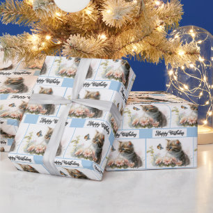 Papel De Presente Feliz Aniversário Gatinho No Jardim