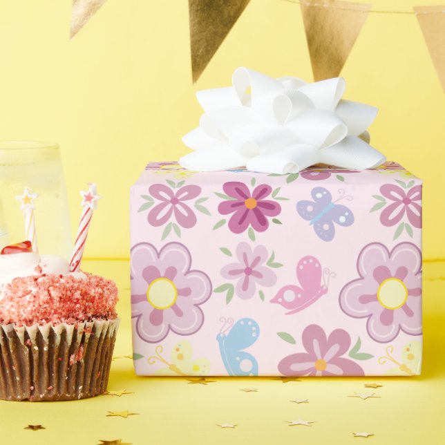 Papel De Presente Feliz Aniversário Jardim de Flores Silvestres Padr (Festa de aniversário)