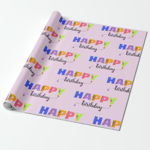 Papel De Presente Feliz Aniversário Letras Acentuadas Florais