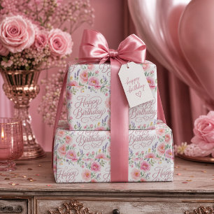 Papel De Presente Feliz Aniversário Lindas Rosas Rosa Prata