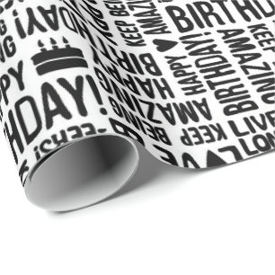 Papel De Presente Feliz Aniversário Mão Tipografia em Preto no Branc
