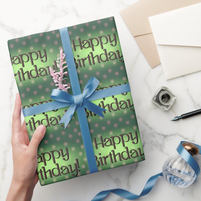 Papel De Presente Feliz Aniversário Marrom Texto Bolinhas Verde Bkgr (Presentear)