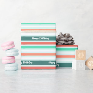 Papel De Presente Feliz Aniversário Moderno Pêssego com Listras em A
