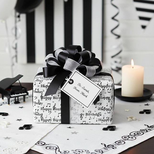 Papel De Presente Feliz Aniversário Musical Preto (Criador carregado)