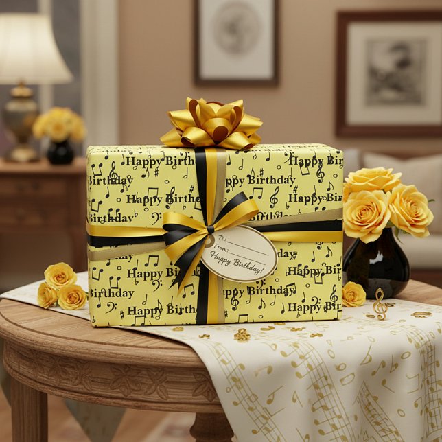 Papel De Presente Feliz Aniversário Musical Preto (Criador carregado)