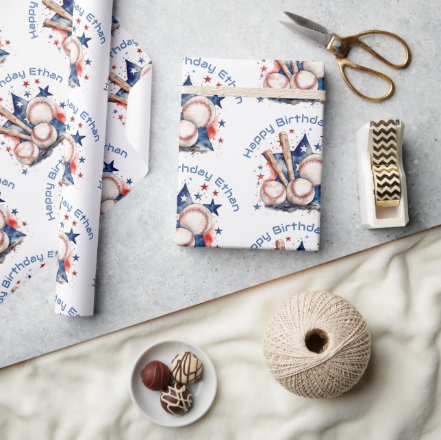 Papel De Presente Feliz Aniversário Nome Blue Red Bat Baseball (Artesanato)