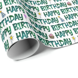 Papel De Presente Feliz Aniversário Padrão de Texto Verde Escuro