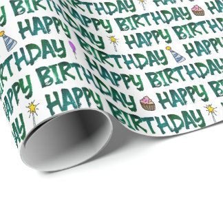 Papel De Presente Feliz Aniversário Padrão de Texto Verde Escuro