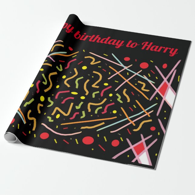 Papel De Presente Feliz aniversário para Harry red black art design (Desenrolado)