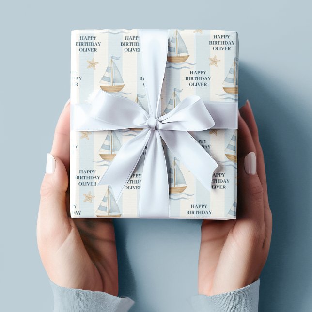 Papel De Presente Feliz aniversário | Pastel Blue Sailboat (Criador carregado)