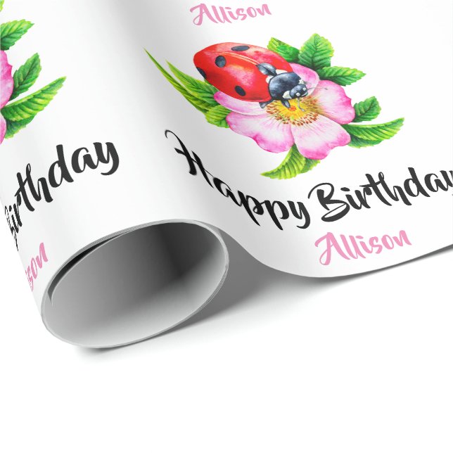 Papel De Presente Feliz Aniversário Personalizado Floral Ladybug (Ponta do rolo)