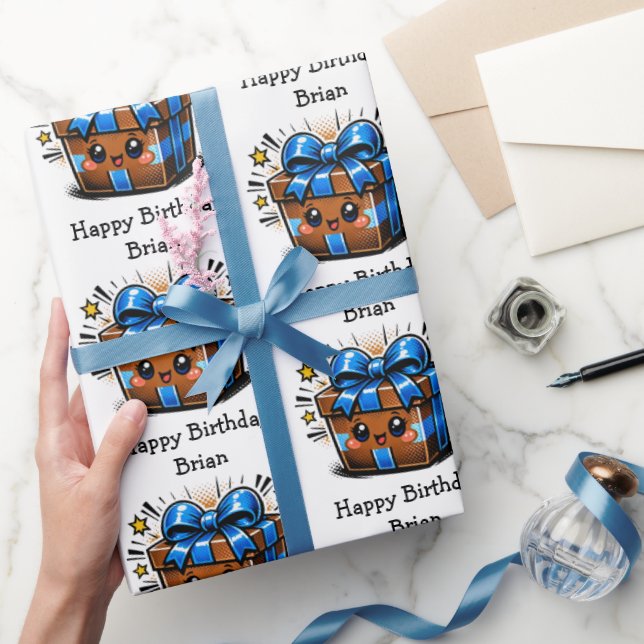 Papel De Presente Feliz Aniversário Personalizado Marrom e Azul (Presentear)