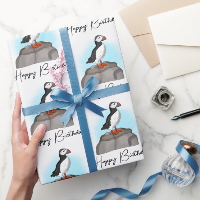 Papel De Presente Feliz Aniversário Personalizado Puffin (Presentear)