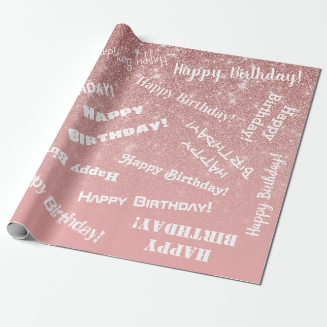 Papel De Presente Feliz Aniversário, Rosa Glitter Dourado Rosa (Desenrolado)